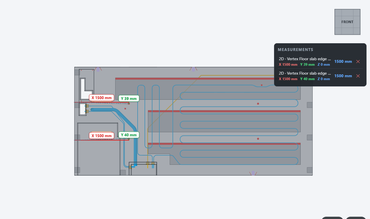 Drawing view: top view of a floor element with underfloor heating, reinforcement and insulation hidden, with two measurements from the side to cast-in anchors
