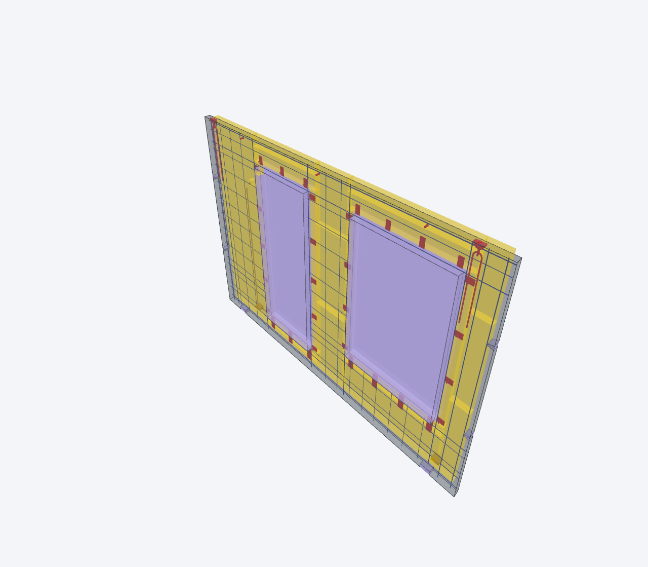 Sandwich wall element with two windows, insulation layer and cast-in anchors
