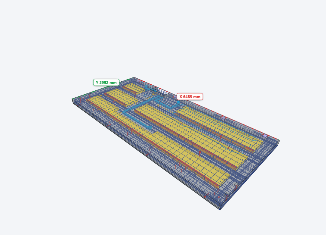 A floor element with reinforcement and underfloor heating, with two dimension lines