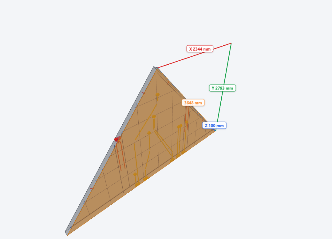 Vertex-to-vertex measurement of the sloped edge of a gable wall with X and Y dimension lines