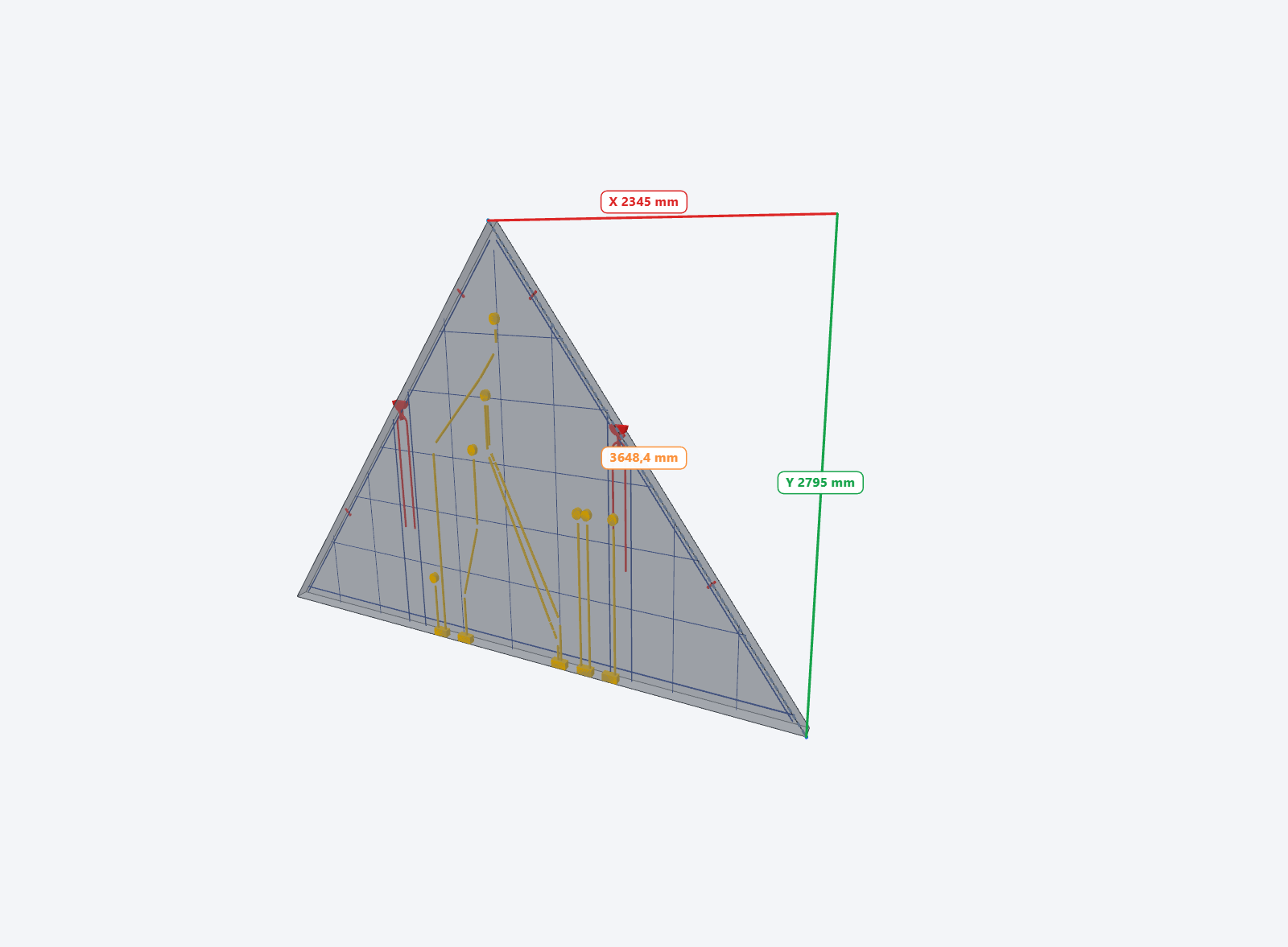 Vertex-to-vertex measurement of the sloped edge of a gable wall with X and Y dimension lines