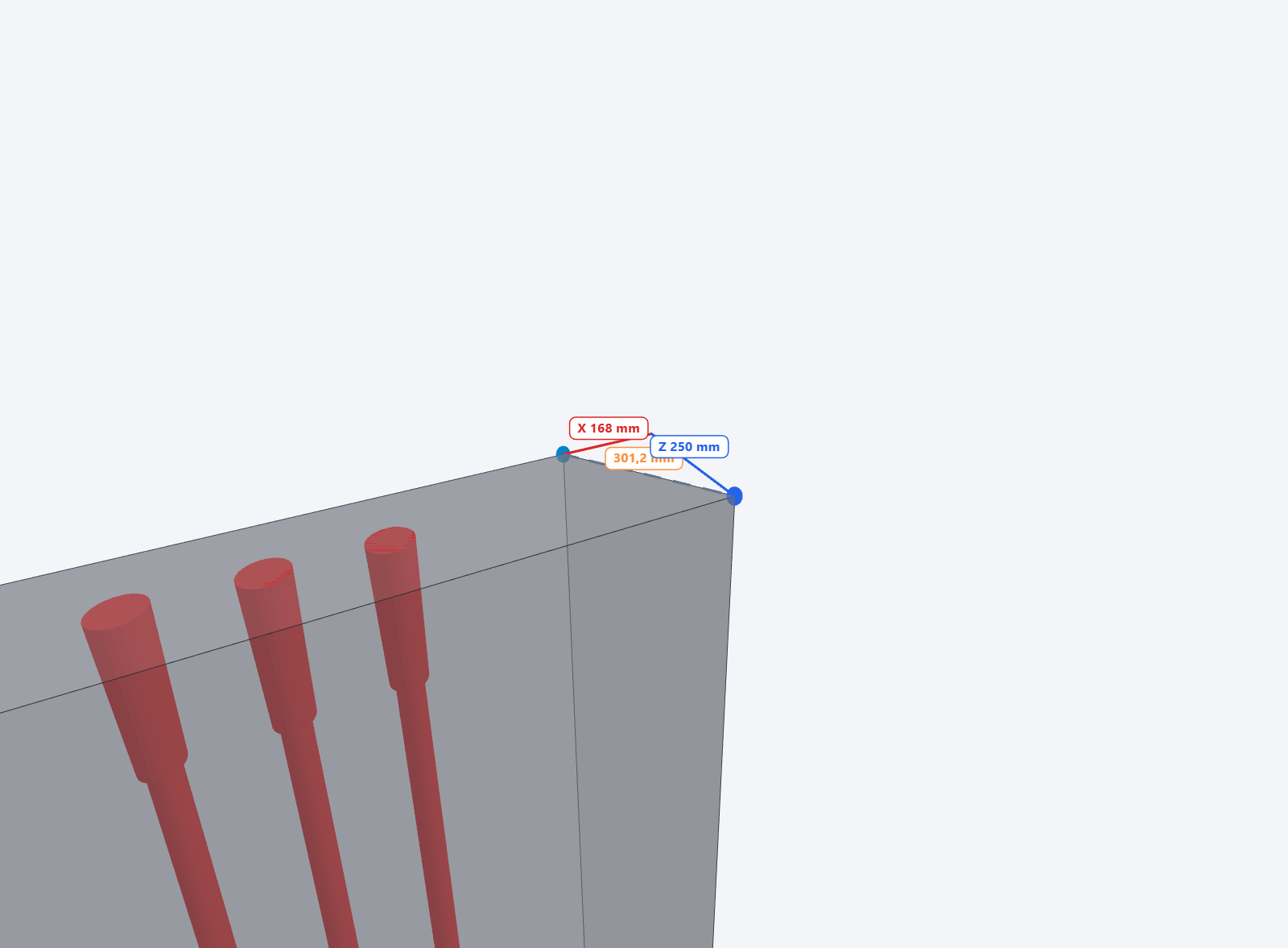 Vertex-to-vertex measurement of a bevelled wall end with X and Z dimension lines