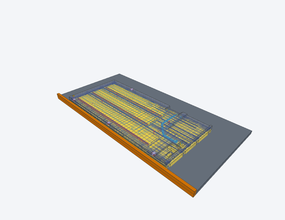 Floor element flattened in pallet view, with reinforcement and insulation visible and the tilting-table outline for scale